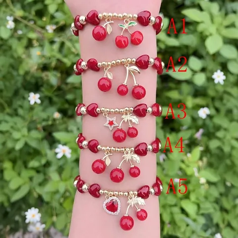 Sweet Cherry Drip Oil Rhinestone Artificial Pearl Bracelet Set For Women Gold Plated Fruit Heart Cross Charm Beaded Jewelry