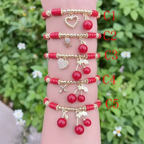 Sweet Cherry Drip Oil Rhinestone Artificial Pearl Bracelet Set For Women Gold Plated Fruit Heart Cross Charm Beaded Jewelry