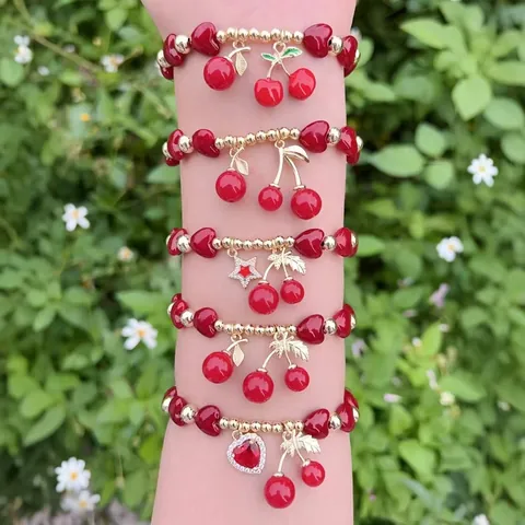 Sweet Cherry Drip Oil Rhinestone Artificial Pearl Bracelet Set For Women Gold Plated Fruit Heart Cross Charm Beaded Jewelry