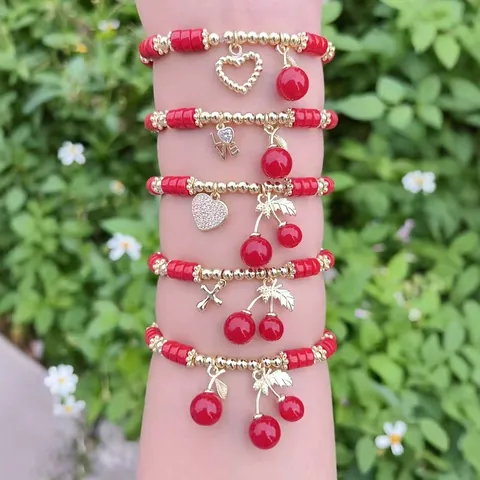 Sweet Cherry Drip Oil Rhinestone Artificial Pearl Bracelet Set For Women Gold Plated Fruit Heart Cross Charm Beaded Jewelry