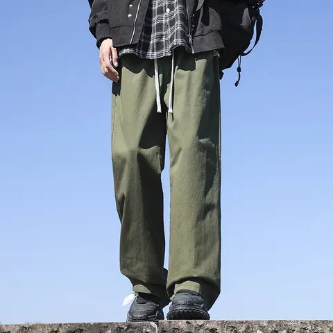 Pantalones Casuales de Algodón 100% para Hombre Lavados Holgados de Pierna Recta con Cordón Pantalones de Moda Retro Japoneses para Hombre