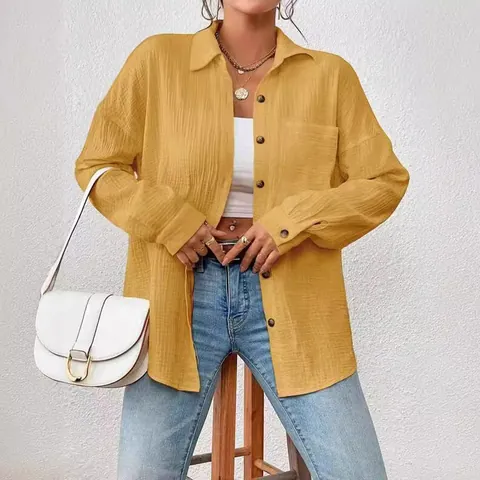 Damen Casual Baumwolle Bluse Langarm Drop Shoulder Fledermaus Hemd Mit Tasche Button Down Texturiert Einfarbig Locker Top