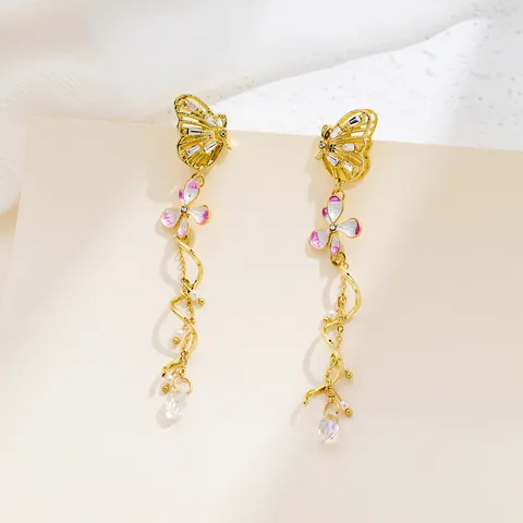 Luxus Legierung Schmetterling Blume Quaste Lange Ohrringe Für Damen Gold Rosa Strass Künstliche Perle Koreanischer Stil Schmuck
