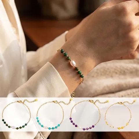 Pulsera de Cuentas de Piedra Natural y Perla para Mujer Acero Inoxidable PVD Oro 18K Cadena Amazonita Joyería Regalo