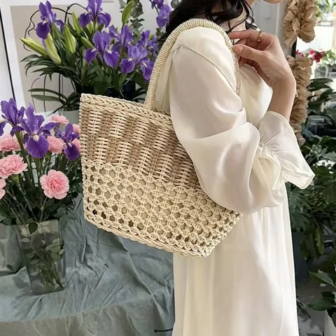 Damen Große Kapazität Stroh Geflochtene Tote Bag Vintage Farbblock Strand Umhängetasche Lässige Urlaub Handgefertigte Reise Handtasche