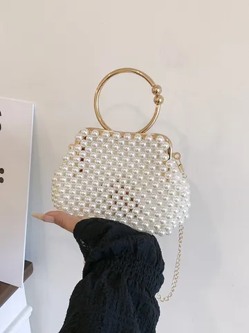 Vintage Hand-woven Artificial Pearl Handbag For Women Elegant Bridal Bridesmaid Wedding Party Evening Bag With Metal Ring Handle And Chain Strap