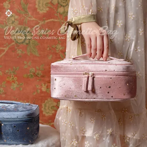 Große Kapazität Flanell Sternenhimmel Kosmetiktasche Tragbare Heißprägung Sternmuster Samt Make-Up Organizer Für Reisen Damen