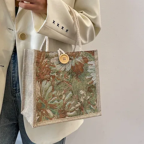 Bolso Tote de Lino Con Flores Vintage Para Mujer Elegante Bolso Jacquard Con Asas de Cuerda Bolso Casual Diario