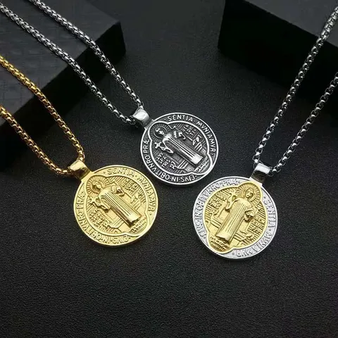 Vintage Punk Benediktusmedaille Kreuz Anhänger Halskette Edelstahl Religiöser Exorzismus Schmuck Für Herren Damen