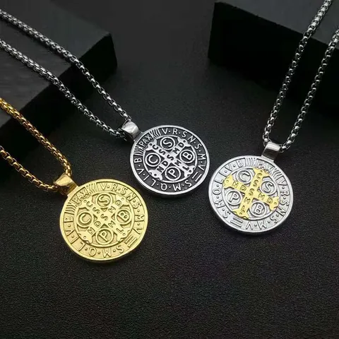 Vintage Punk Benediktusmedaille Kreuz Anhänger Halskette Edelstahl Religiöser Exorzismus Schmuck Für Herren Damen
