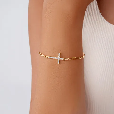 Pulsera Con Colgante De Cruz De Cobre Chapado En Oro Cadena De Clip Con Circonia Para Mujer Joyería Religiosa Minimalista