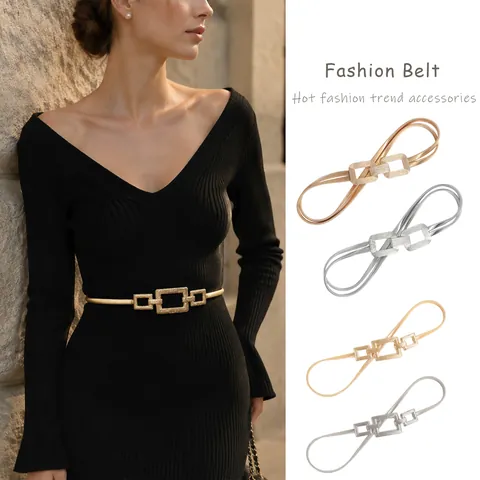 Dames Mode Elastische Metalen Tailleketting Riem Minimalistisch Geometrische Gesp Stretch Tailleband Voor Jurken Pakken