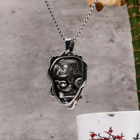 Collana con Ciondolo Maschera D'Hannya Demone in Acciaio Inossidabile Vintage per Uomo Gotico Punk Strass Gioielli