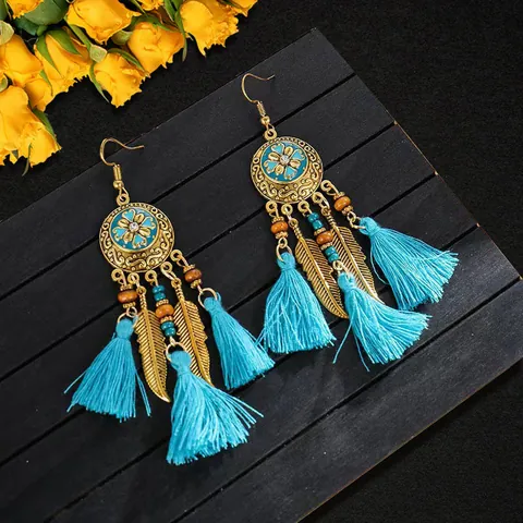 Bohemian Ethnic Long Tassel Drop Earrings Alloy Rhinestone Feather With 925 Sterling Silver Earring Post