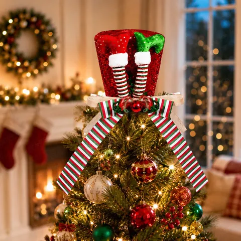Weihnachtsbaumspitze Hut Mit Elfenbeinen Rote Pailletten Gestreifte Schleife Dekoration Für Feiertag Party Zuhause Baumschmuck
