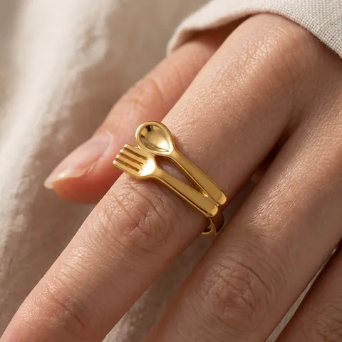 Creative Spoon And Fork Open Ring Stainless Steel Gold Plated Adjustable Tableware Jewelry For Women Novelty Unique