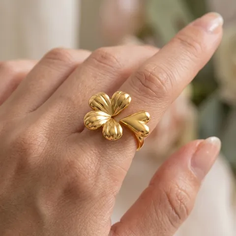 Anillo Abierto Ajustable De Acero Inoxidable Chapado En Oro De 18K Trébol Corazón Impermeable Joyería Para Mujeres Niñas