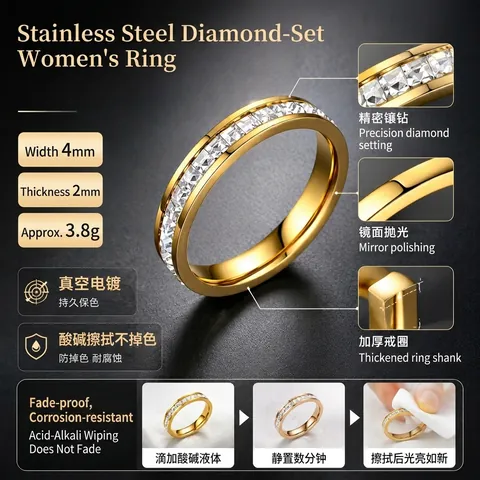 Anillos De Acero Inoxidable Circonita Banda De Eternidad Grabado Trébol De Cuatro Hojas Joyería Para Mujeres