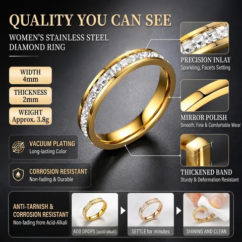 Edelstahl Ringe Zirkonia Eternity Band Gravierte Kleeblatt Stapelbar Schmuck Für Damen