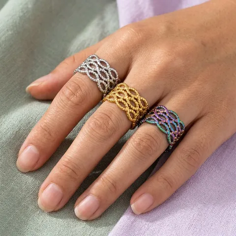 Women's Minimalist Stainless Steel Hollow Mesh Open Ring 18K Gold PVD Plated Woven Finger Ring Waterproof Hypoallergenic Jewelry Gift
