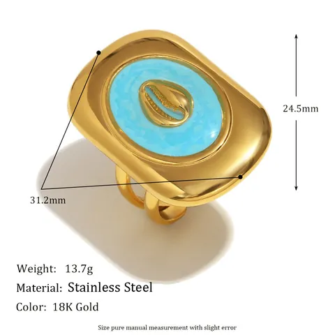 Anello Aperto Quadrato Conchiglia Acciaio Inossidabile 316L Placcato Oro 18K Smalto Blu Chiaro Gioielli Boemia Stile Oceano