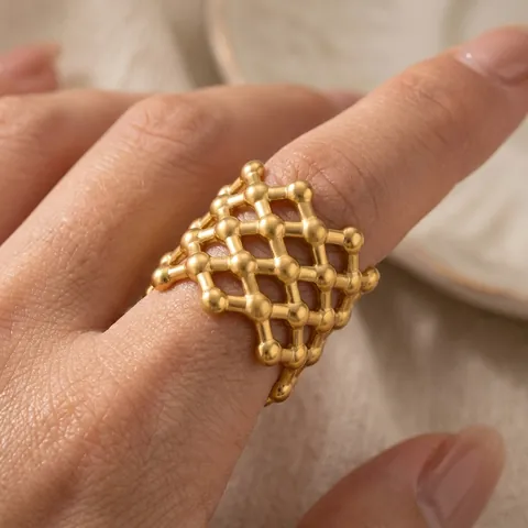 Anello Cavo Geometrico A Rete Acciaio Inossidabile 304 Placcato Oro Retrò Francese Anello Aperto Regolabile Donna