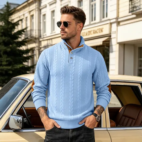 Herren Strickpullover Henley Stehkragen Geknöpft Langarm Kontrast Ellenbogen-Patches Mode Casual Pullover