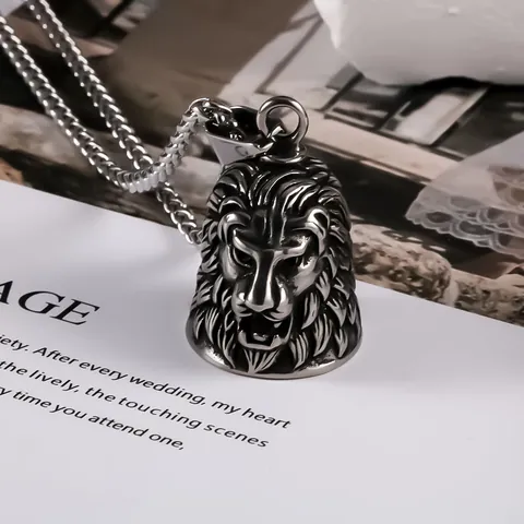 Collar con Colgante de Campana con Cabeza de León de Acero Inoxidable Vintage para Hombre Joyería Punk Streetwear Charm Animal Acabado de Plata Antigua