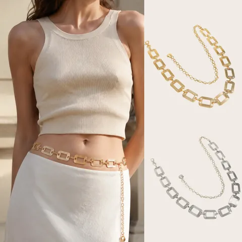 Moda Mujer Minimalista Cinturón de Cadena de Metal Hip Hop Decorativo Cadena de Cintura Oro Plata Galvanizado Rectangular Ajustable