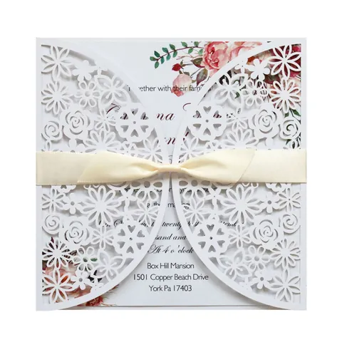 Elegante Lasergeschnittene Hochzeits Einladungskarten Perlglanzpapier Blumen Hohl Invitations Mit Umschlägen Für Feier