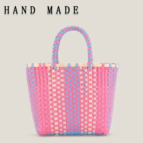 Handgefertigte PVC-Webhandtasche Für Damen Farbiges Kontrastkaro Kleiner Quadratischer Picknickkorb Tragbare Süße Mini-Tragetasche