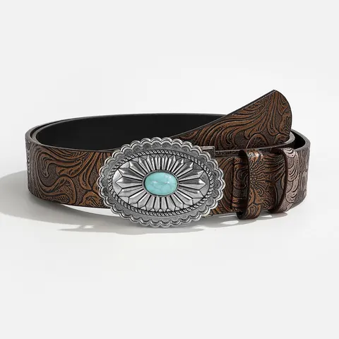 Bohemian Vintage PU Leather Belt For Women Western Style Embossed Floral Waist Belt With Large Turquoise Buckle For Jeans