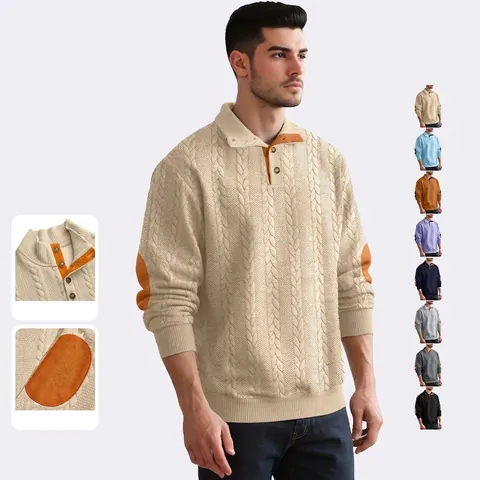 Herren Strick Polo Pullover Langarm Henley Kragen Sweatshirt Mit Kontrast Ellbogen Patches Freizeit Oberteil