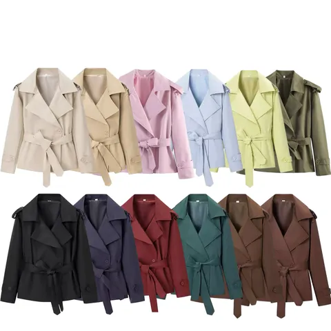 Women's Elegant Short Windbreaker Coat Double Breasted Trench Jacket With Waist Belt Autumn Lapel Long Sleeve Outerwear