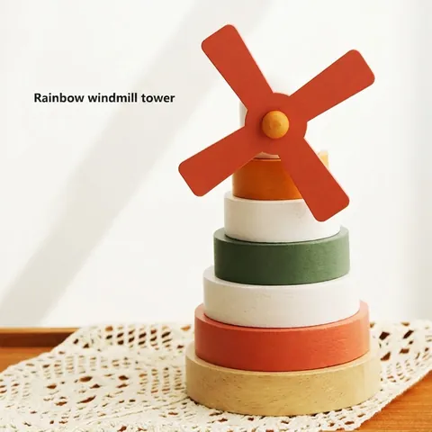 Montessori Wooden Rainbow Stacking Toy Geometric Shape Sorting Building Blocks Educational Balancing Tower For Toddler Baby