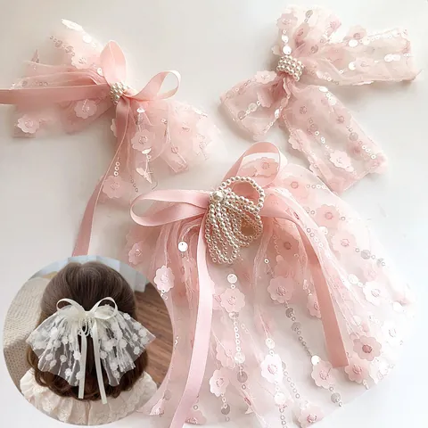 Mollette Per Capelli Bambini Fiocco Rosa Pizzo Rete Perla Artificial Ricamo Floreale Nastro Lungo Accessori Capelli Ragazze