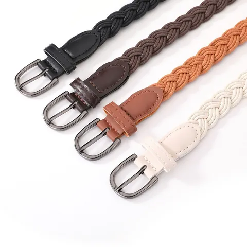 Women Vintage Mori Style Braided Thin Waist Belt Alloy Pin Buckle Cotton Linen Decorative Belt For Dresses Jeans