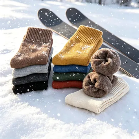 Women Crew Socks Thickened Cotton Warm Terry Loop Solid Color Ribbed Retro Winter Casual Thermal