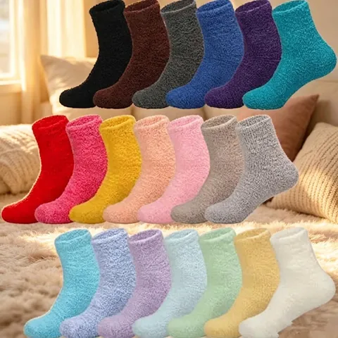 Damen Flauschige Haussocken Korallenfleece Plüsch Weich Warm Indoor Schlafzimmer Mittelhoch Einfarbig