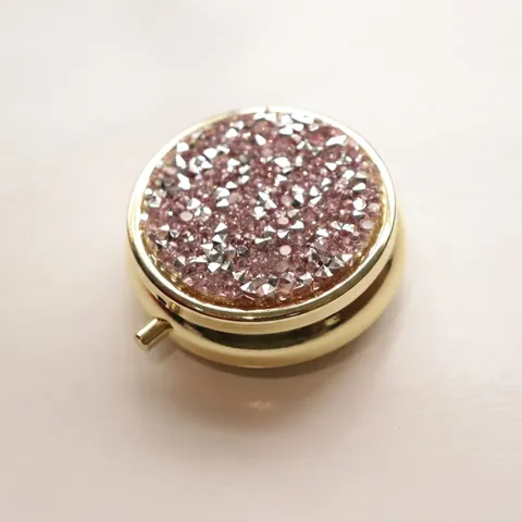 Portable Round Pill Box Rhinestone Metal Crystal Travel Organizer Mini Jewelry Storage Case Sparkly Elegant Internal Compartments Mirror