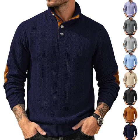 Herren Strick Sweatshirt Stehkragen Knopf Langarm Jacquard Zopfmuster Casual Pullover Mit Ellbogen Patches