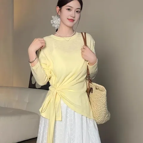Women Lazy Style Sun Protection Cover Up Top Viscose Thin Tie Up Waist Slimming Long Sleeve T-Shirt Blouse For Summer
