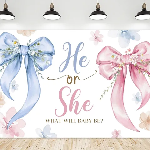 Gender Reveal Party Achtergrond Roze En Blauw Strik Bloemen He Or She Baby Shower Banner Fotografie Achtergrond Vinyl Decor