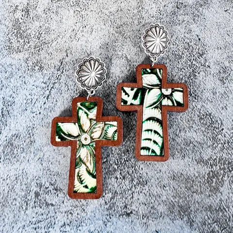 Western Style Wooden Genuine Leather Cross Drop Earrings Vintage Leopard Cow Print Bohemian Horsehair Jewelry For Women Easter Gift