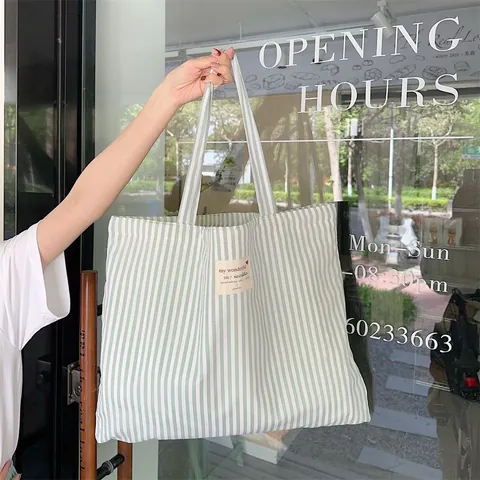 Damen Große Kapazität Gestreifte Leinwand Tragetasche Minimalistisch Vertikale Streifen Umhängetasche Frischer Stil Pendeln Handtasche Täglich Shopper
