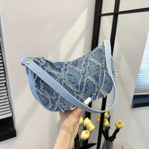 Borsa Hobo alla Moda Look Denim Grande Capacità Tracolla Trapuntata Sfrangiata Casual Urban Semplice Borsa Sottoascellare Donna