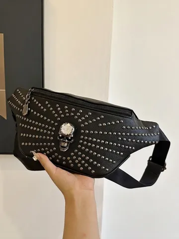 Damen Punk Nieten Totenkopf Gürteltasche Kunstleder Strass Crossbody Brusttasche Moto Streetwear Schwarz Fanny Pack