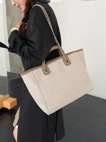 Fashion Women Canvas Tote Bag Large Capacity Woven Chain Shoulder Bag Minimalist Commuter Handbag Lady Shopping Bag With Pouch
