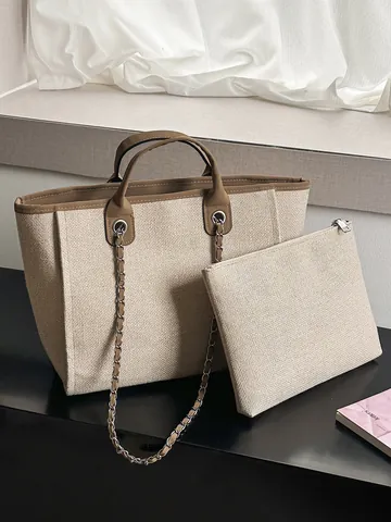Fashion Women Canvas Tote Bag Large Capacity Woven Chain Shoulder Bag Minimalist Commuter Handbag Lady Shopping Bag With Pouch