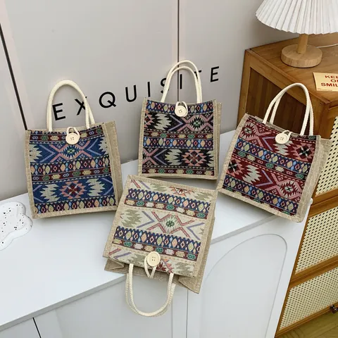 Women Ethnic Style Jute Tote Bag Vintage Geometric Pattern Travel Handbag With Cotton Rope Handle And Wooden Button Closure